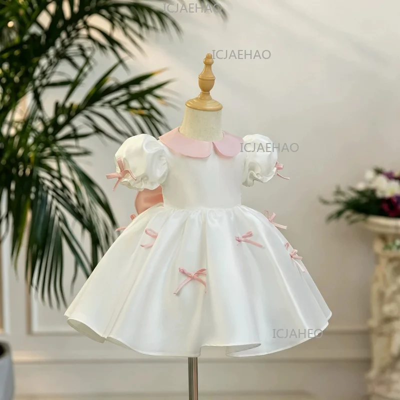 2026 Children Girls White Formal Wedding Dress Kids Fashion Performance Pink Bow Baby Birthday First Party Princess Gown Costume