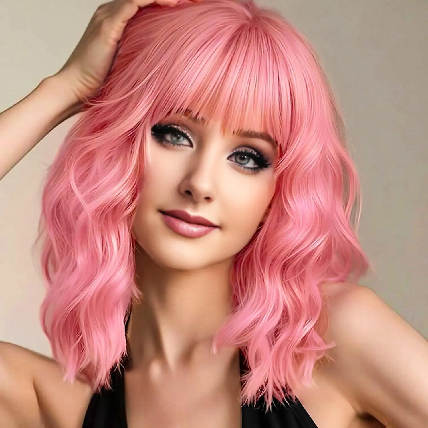parrucca-corta-da-donna-con-onde-e-ricci-taglio-bob-frangia-ben-definita-disponibile-in-diversi-colori-rosa-nero-rosso-e-verde-o-in-tonalita-miste-mezzo-rosso-mezzo-verde-bordeaux-per-coprire-l’intera-testa