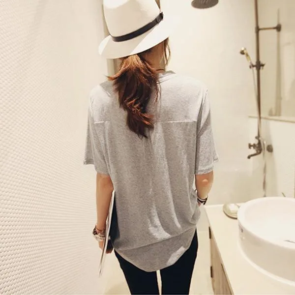 T-shirt allentata V-Ne ort Sve da donna estiva coreana Sle versatile dimagrante taglia grande f Sve Top colore puro