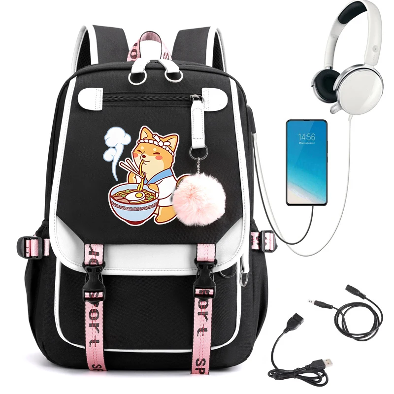 Mochila animal bonito dos desenhos animados, Mochila de carregamento USB, Ramen, Shiba, De volta às mochilas escolares, Anime Bookbag