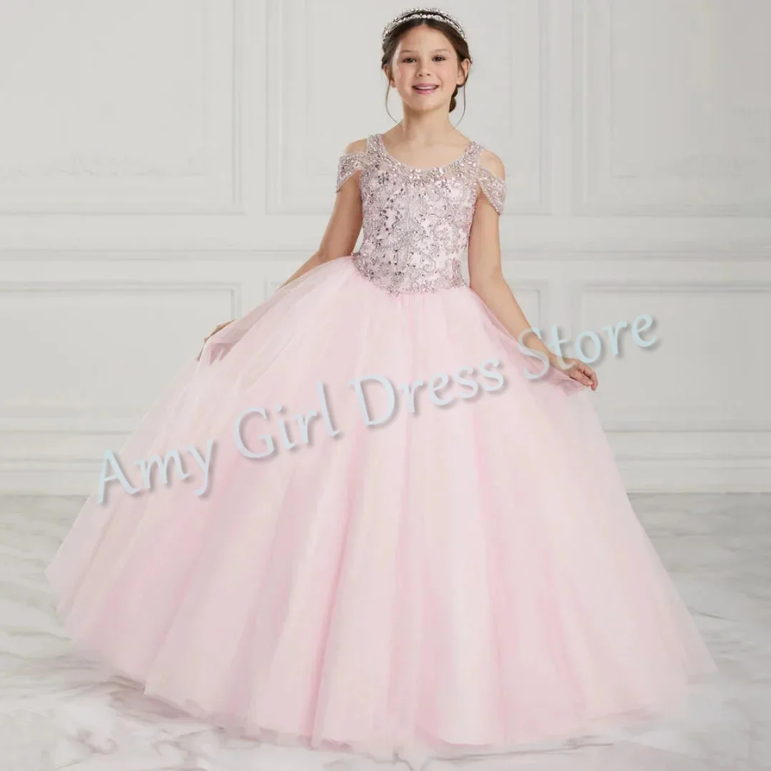 

Customized Light Pink Flower Girl Dress For Wedding Tulle Silvery Appliques Sequins Backless Princess Birthday Pageant Ball Gown