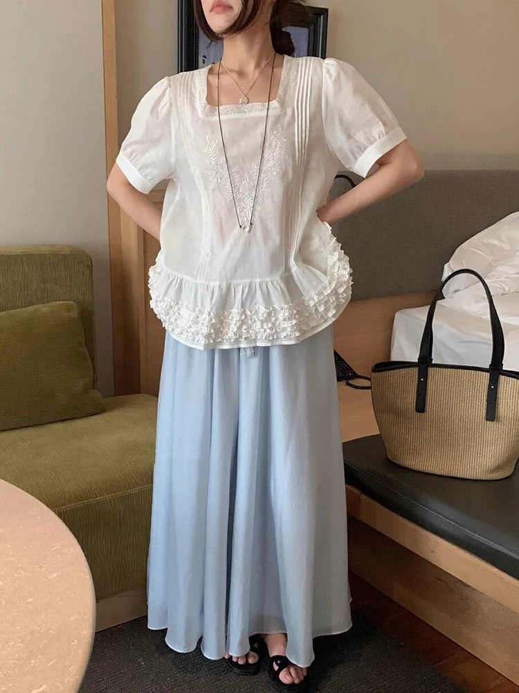 

Lia Liang Gentle Lace Square Collar Embroidered Floral irt Women's Summer New Sweet Splicing Gauze Top Loose Bubble Sl...