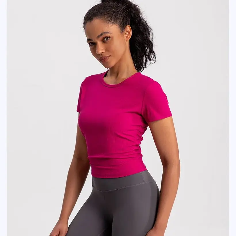 T-shirt da yoga senza cuciture da donna Camicia sportiva a costine Top da palestra traspirante Camicetta sportiva Camicia T-shirt da corsa a maniche corte Camicie da yoga