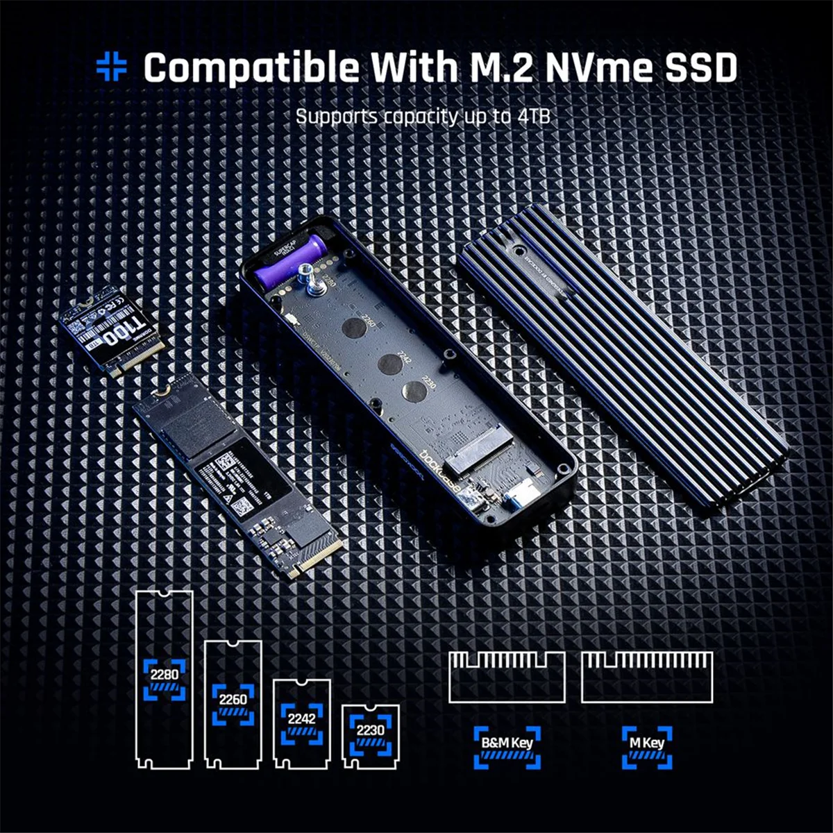 AA87C Smart 2280 M.2 NVMe SSD Gabinete Cyber Design Explorer Edition com Display LCD Max 10GBps Tipo-C Prata