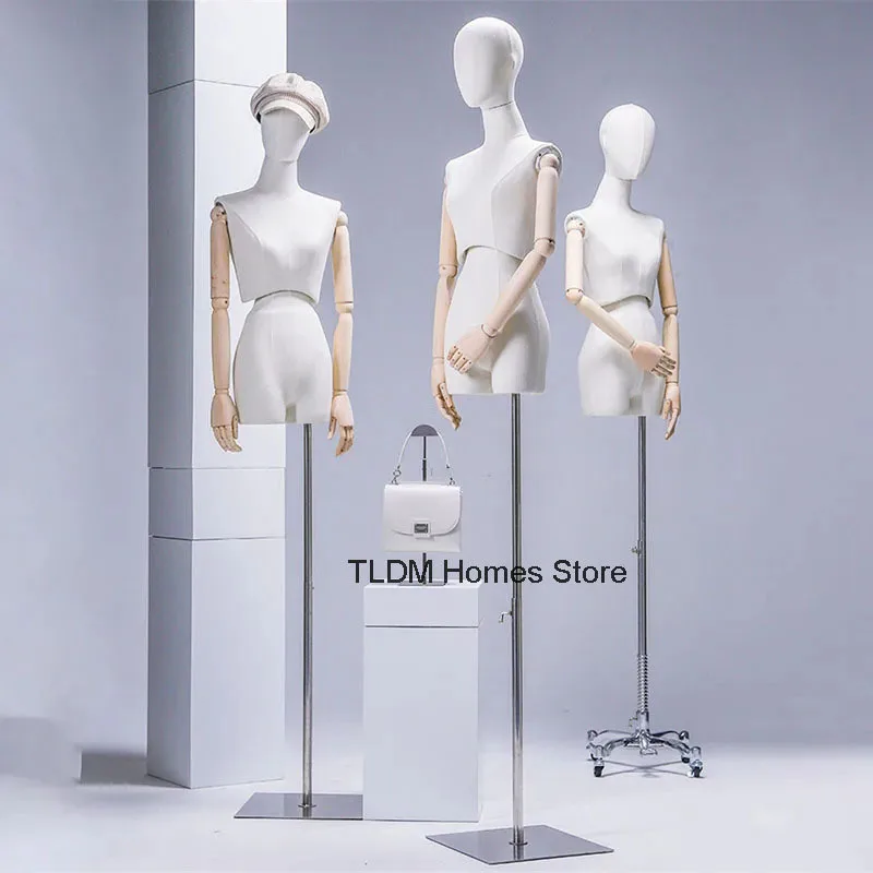 

Wooden Arm Fabric Mannequin Display Stand for Wedding Cloting Dress Bust Mannequin Woman Adjustable Rack Metal Base Mannequin