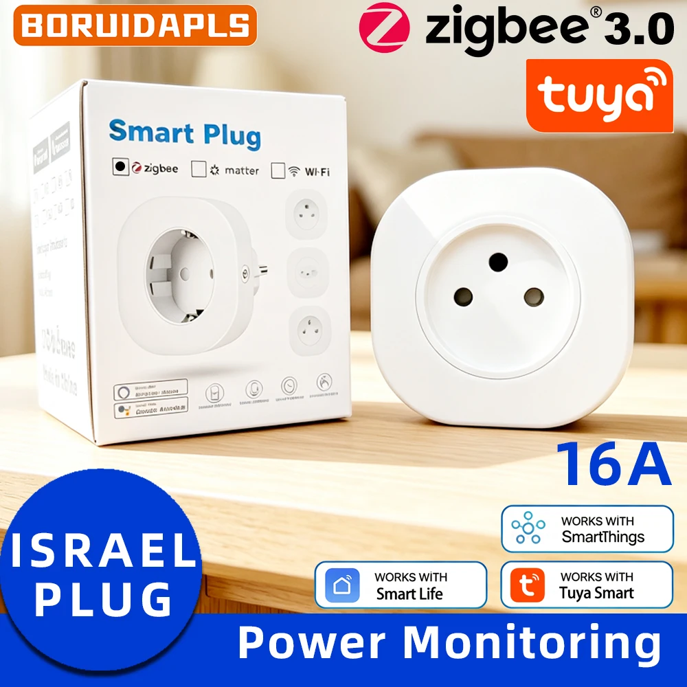 BORUIDAPLS Tuya ZigBee3.0 Israel Smart Plug Power Monitoring Power Socket Smart Life Remote Voice Timing Control Home Automation