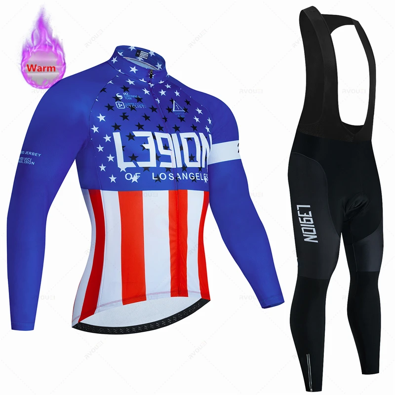 L39ion-Winter Fleece Bicycle Jersey Set, Outdoor Cycling Clothing, Bike Wear, MTB Uniform, Thermal Bib Pants, America