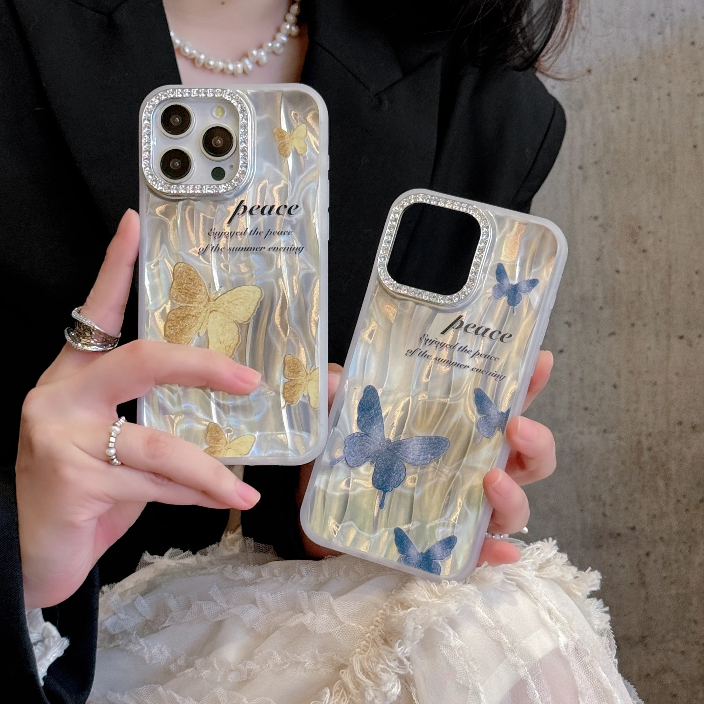 

Flash Diamond Phone Case for Iphone 11 12 13 14 15 Pro Max INS Retro Yellow and Blue Butterfly Full Coverage Phone Cover