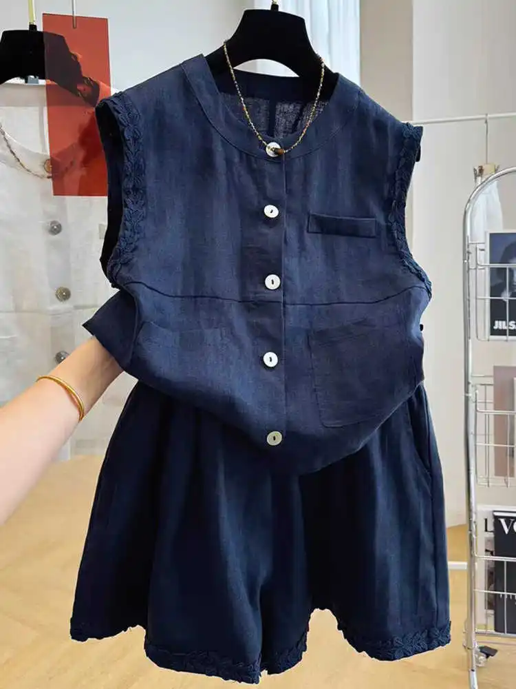 

Summer Women Vest Shorts Set Round Neck Single Breasted Sleeveless Top Elastic Waist shorts Suit French Simple Two-piece Sets