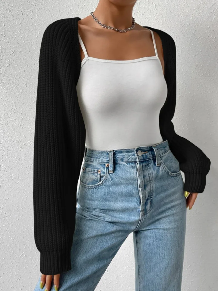 Women\'s Fashion Ultra-Short Crochet Cardigan Casual Solid Long Sleeve Sweater Knitwear Cropped Tops Ribbed Shrug Sweaters