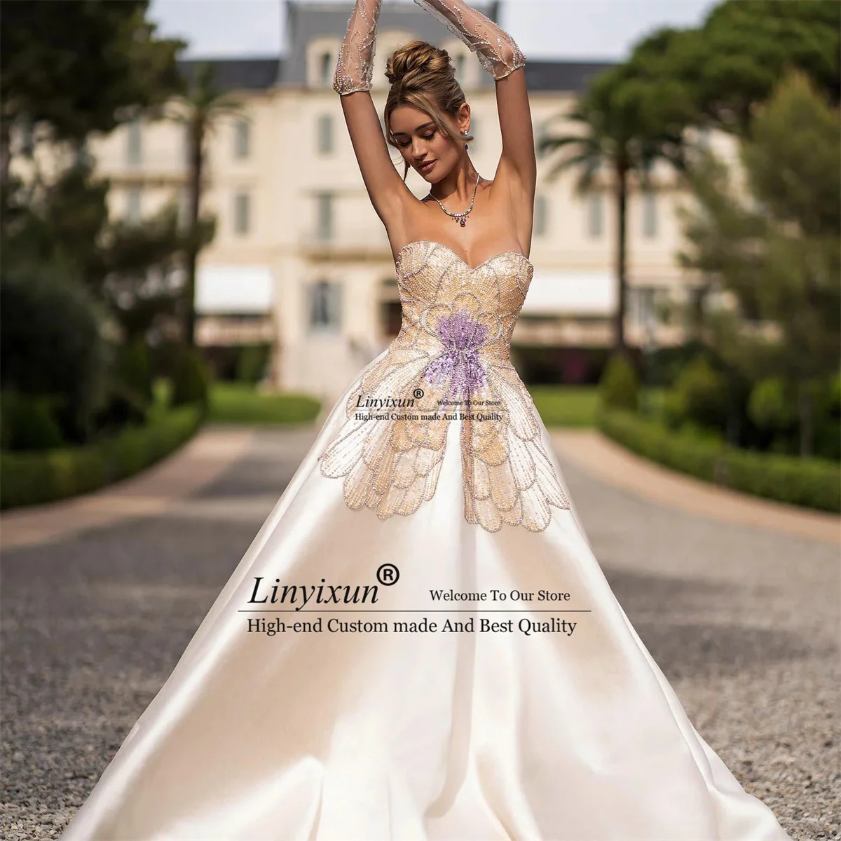 

Saudi Arabia A Line Evening Dress Luxury Beaded Crystals Women Prom Wedding Party Dresses Customized Wedding Dubai فساتين سهرة