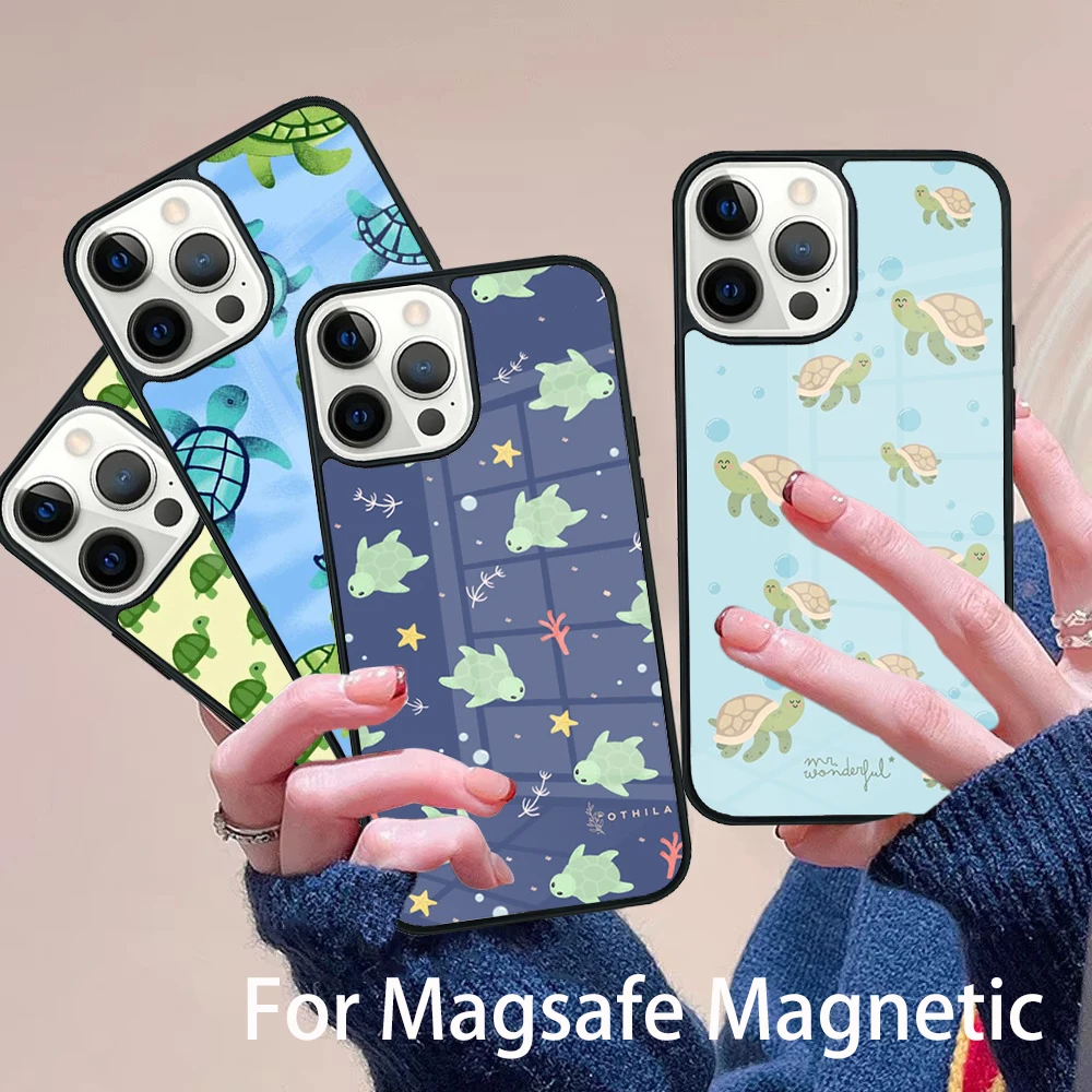 

Cute Turtles Painted Phone Case Magesafe Magnetic Wireless Charge Cover For IPhone 16 11 12 13 14 15 Pro Max Plus Mini