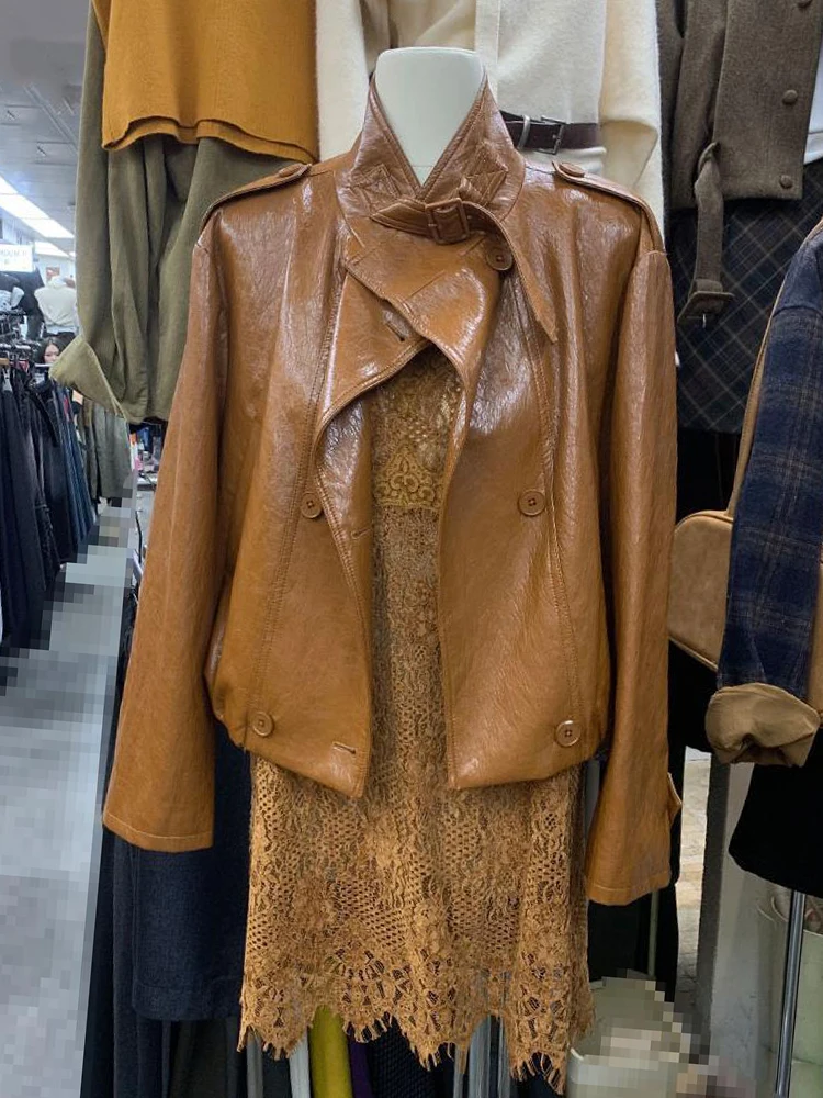 2025 가을 신상 쿠사 스탠드 칼라 더블 브레스티드 숏 로코모티브 여성용 고급 다용도 재킷 트렌드