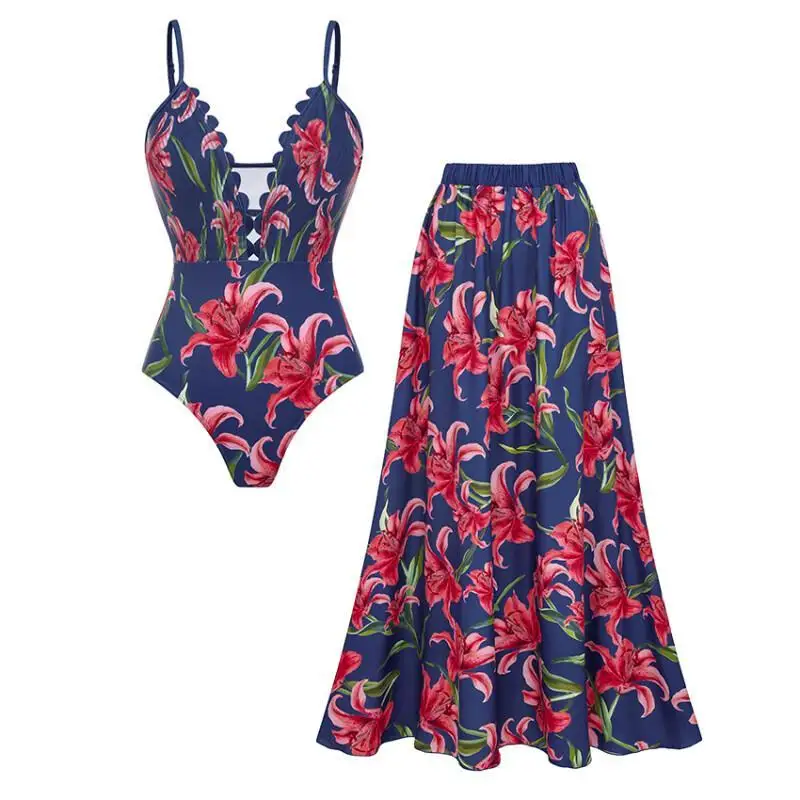 

Flaxmaker Women Swimwear And Skirt Summer V Neck Sleeveless Adjustable Shoulder Straps Blue Print Swimsuit Set Elegant Beachwear