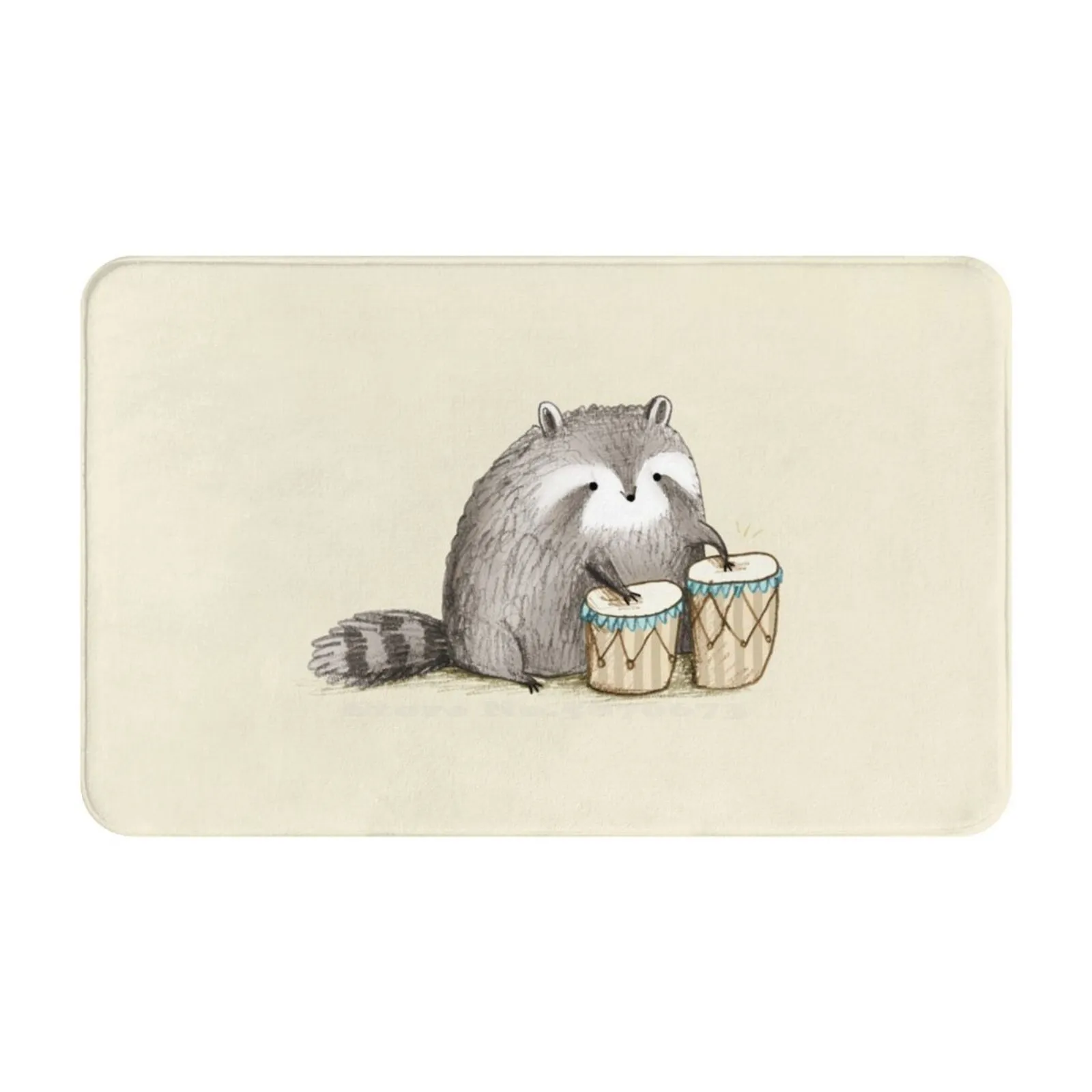 Raccoon On Comfortable Door Mat Rug Carpet Foot Pad Raccoon Animal Forest Woodland Cute Percussion Drummer Funny Silly Kawaii