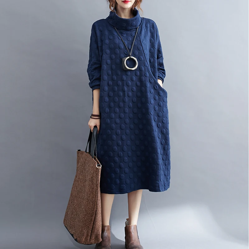 Vintage Fashion High Collar Oversized Elegant Chic Dresses for Women Autumn Winter Simple Solid Long Sleeve Pockets Midi Dress