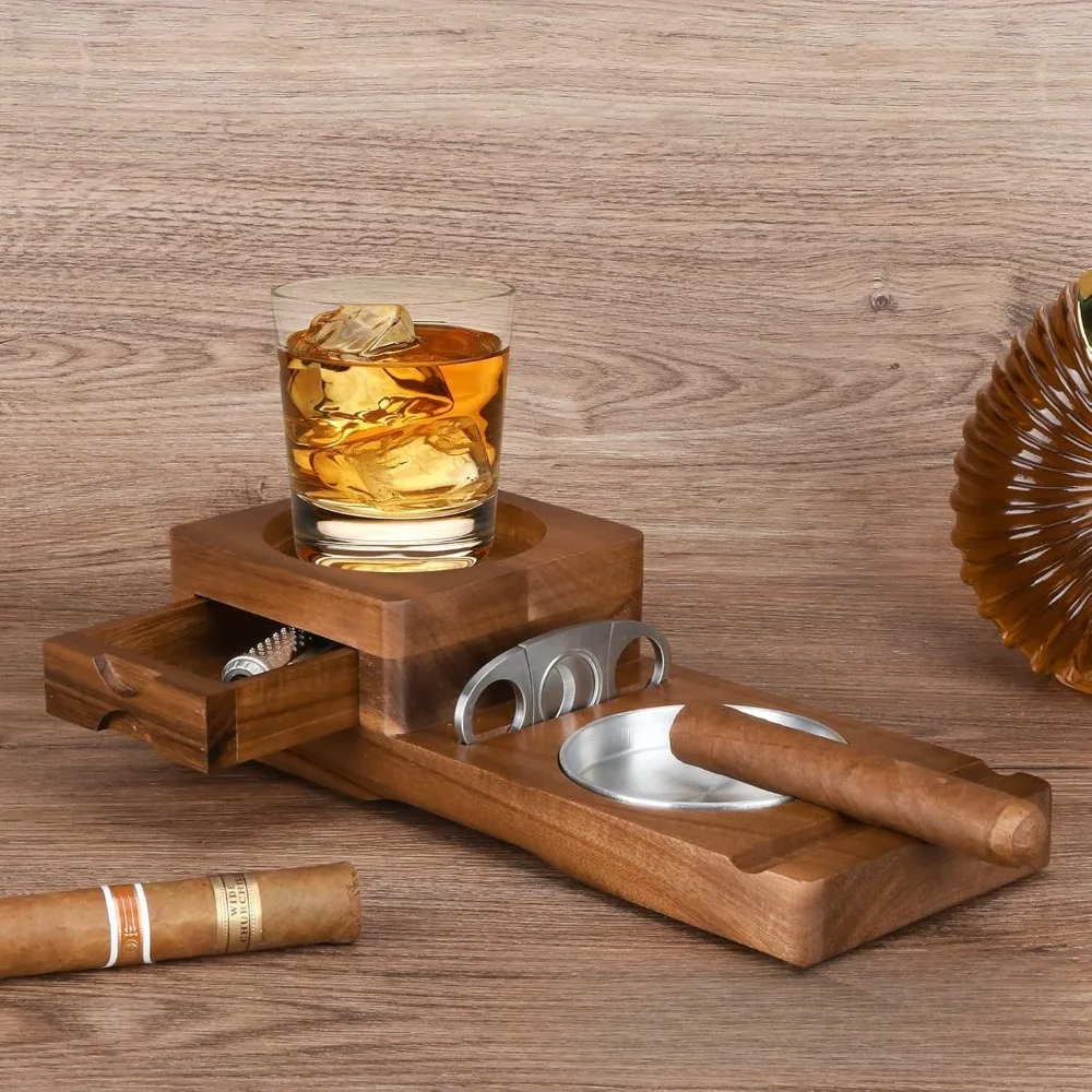 

Great Cigar Accessories for Men Wooden Cigar Ashtray with Cutter Drawer Cigar Slot Whiskey Tray Coaster Home Office Outdoor