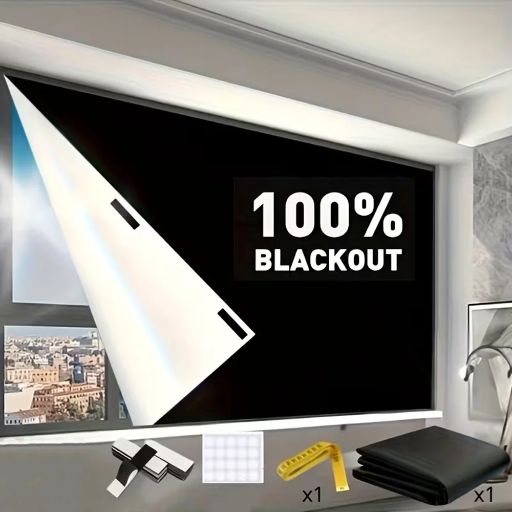 No Drill Self Adhesive Blackout Curtain Fabric 100% Light Block Heat Insulation Privacy Trimmable Portable Travel Window Coverin