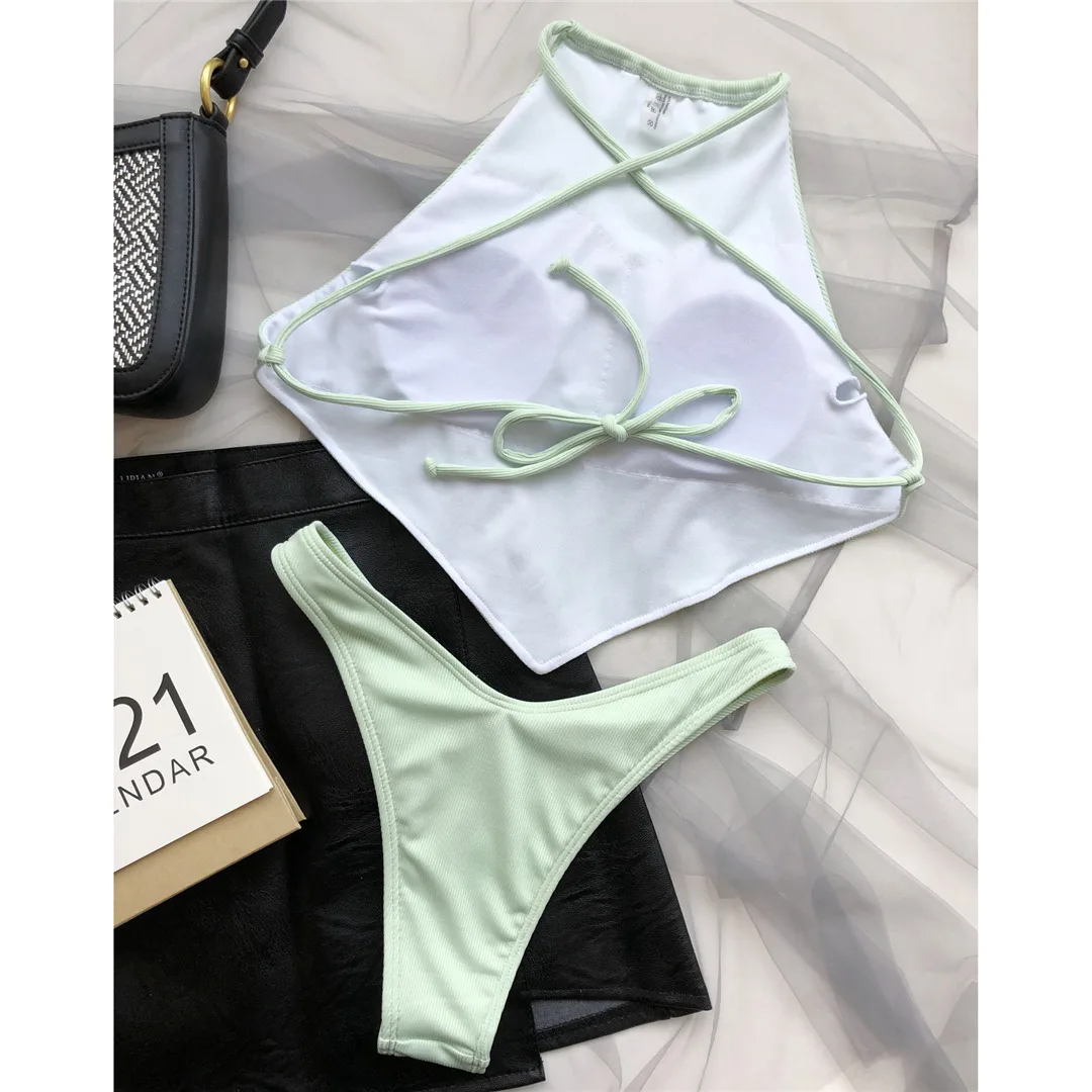 Hochgeschlossener Bikini mit überkreuztem Rücken und hohem Beinausschnitt, gerippt, Damen-Badeanzug, zweiteiliges Bikini-Set, Badebekleidung, Badeanzug, Modell V2878 – Detail 31