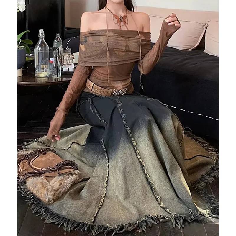 

PBAP Women Do Old Gradient Long Jeans Skirt Splice Frayed High Waist Tassels Fishtail Bodycon Denim Skirt Grunge Vintage Clothes