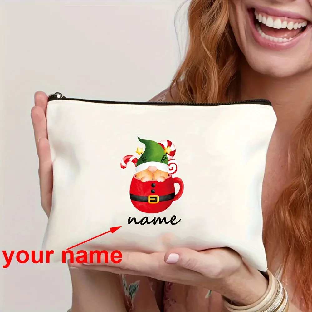 Personalized Christmas Gnome Mug Print Cosmetic Bag Custom Name Zipper Makeup Pouch Travel Toiletry Storage Bag Xmas Gift