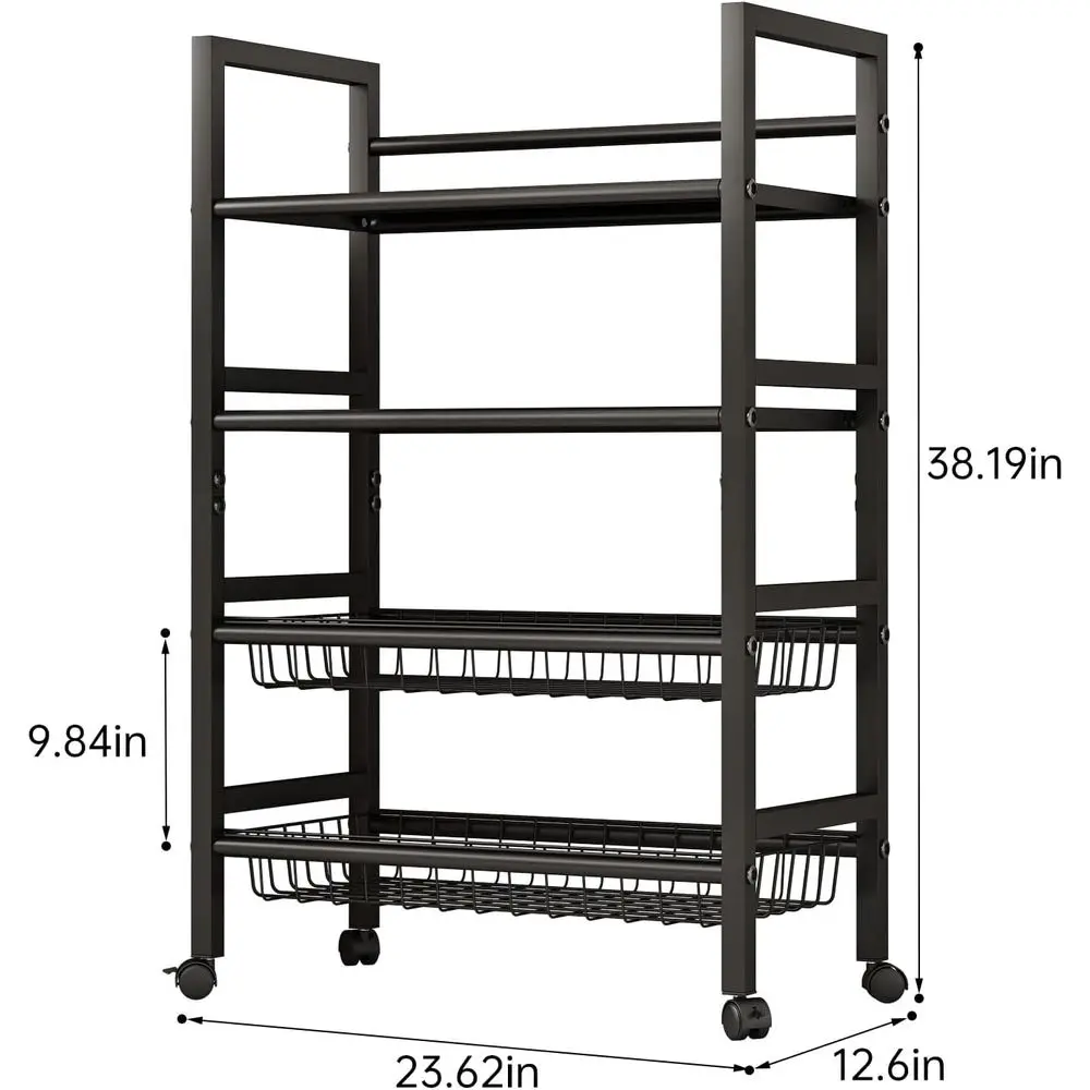 عربة تخزين معدنية كبيرة مكونة من 4 طبقات مع سلة قابلة للفصل وعجلات قفل، منظم أسود متعدد الاستخدامات #2