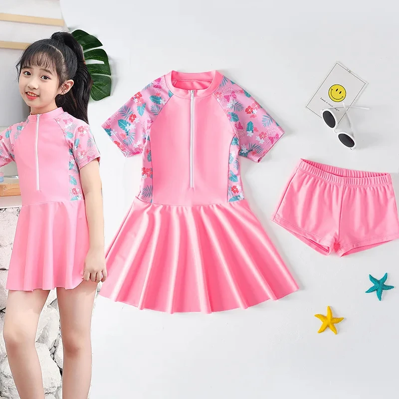 

Новинка 2024, купальник для девочек, купальник из двух предметов, UPF50 + цветочный принт, на молнии, детские костюмы для купания, детские пляжные костюмы