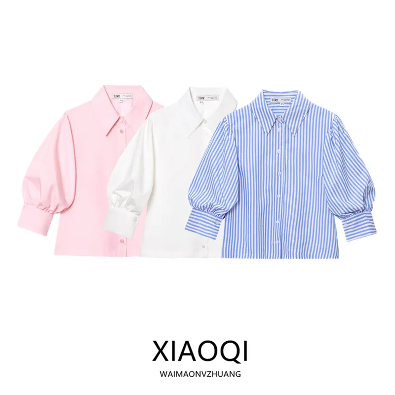 New 2025 Summer Women's Faion Design Long Sve Turn-down Collar Silk irt Versatile Sle ort Length Other Material 00