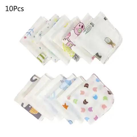 97BE 10Pcs 20x20cm 아기 수건 세트 귀여운 만화 인쇄 더블 레이어 거즈 유아 페이스 타올 재사용 가능한 물티슈 흡수성 광장 Best5