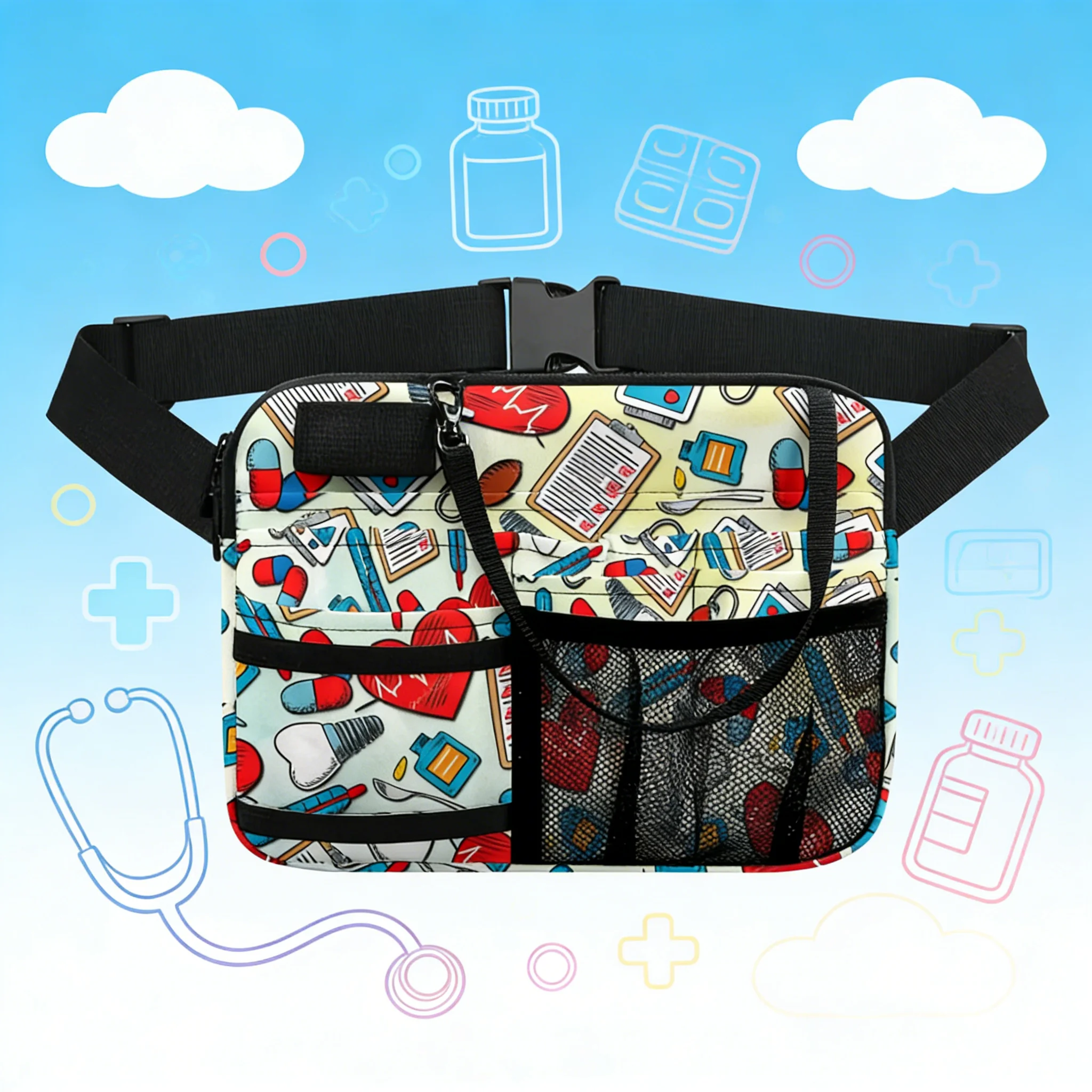 

Adorable Nurse Print Waist Bag, Healthcare Themed Fanny Pack, Multi-Compartment Pouch