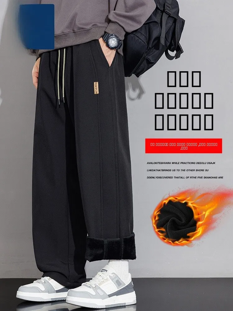 

Мужские повседневные брюки на флисовой подкладке, свободного кроя, теплые, прямые, в уличном стиле, из смеси полиэстера и спандекса, зимние штаны