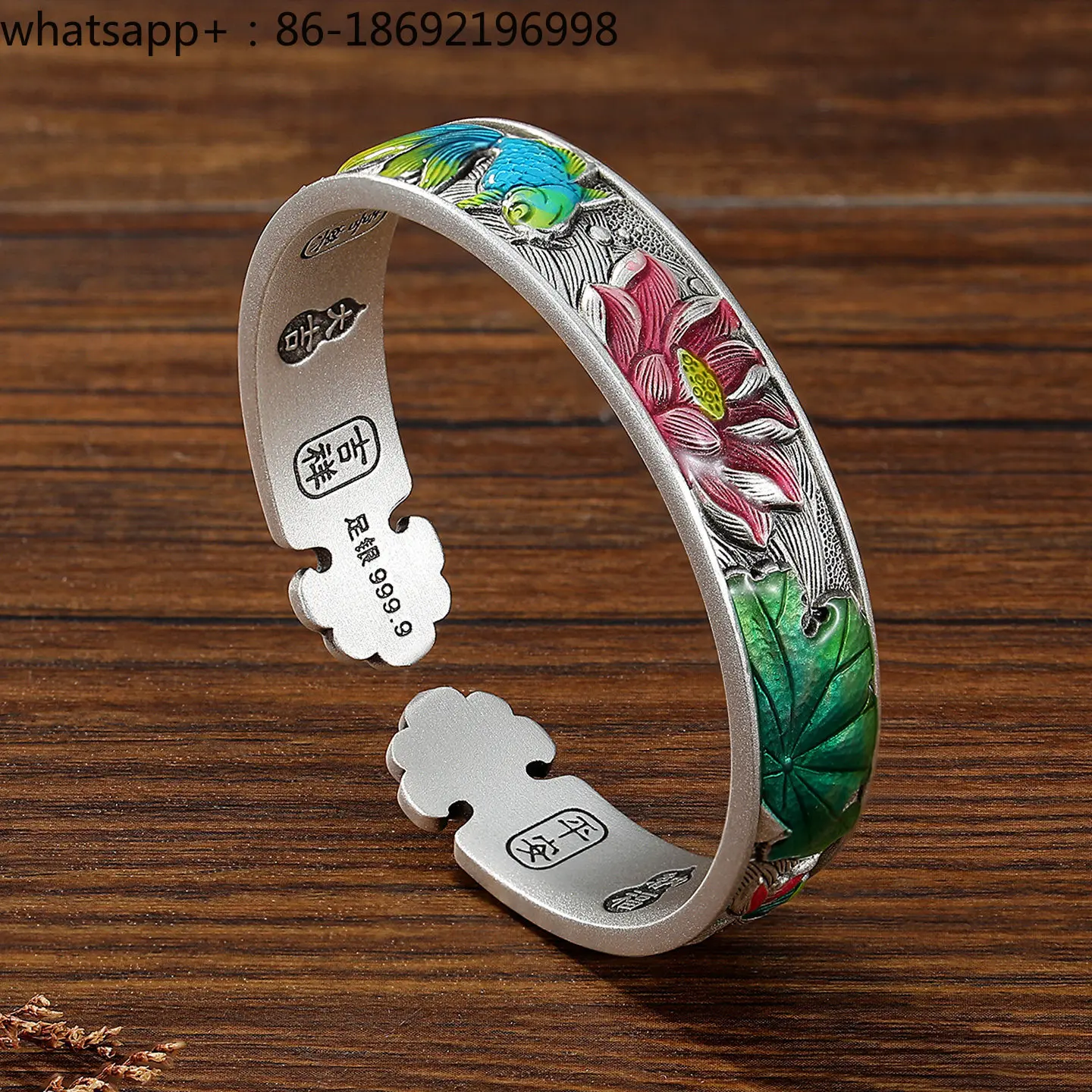 Lotus Pond Moonlight Silver Bracelet 9999 Sterling Silver Women's Opening Solid Wide Edition Enamel Color Pisces Silver Bracelet