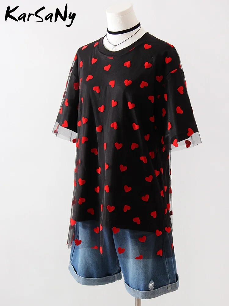 KarSaNy Heart Mesh T Shirt Women Short Sleeve Oversized Top Tees Cotton Basic Splicing Loose Fake Two Piece T Shirt For Women