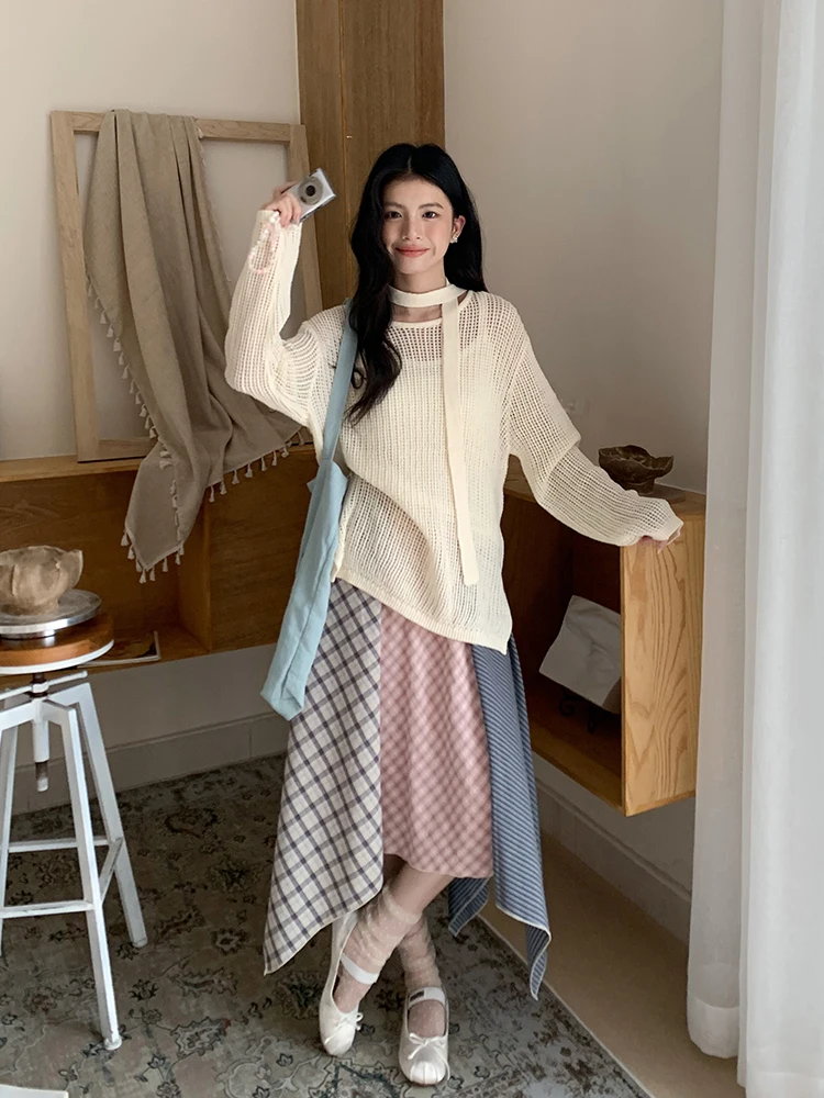 

Patchwork Plaid Skirt Women's Spring New Asymmetrical Midi Skirt Casual Sle mid Waist A-Line Skirt