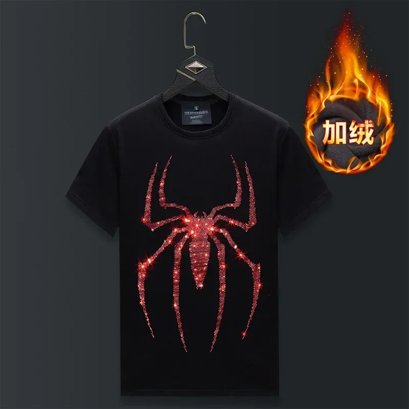 

Plus Size Velvet Short Sleeve T Shirts Men Winter Clothes Rhinestones Streetwear O Neck Thick Heat Tshirts Camiseta Masculina
