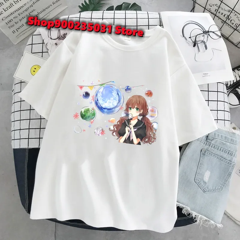 2025 New Anime Bubble Girl Print T Shirts Women's Oversized Black Short Sleeve Harajuku Graphic T-shirt Y2k Tops Summer Couples