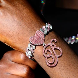 Trendy Pink Cursive Letter Cuban Chain Bracelet For Women AAA Prong Cuban Link Chain Crystal Initials Bracelets Hip Hop Jewelry