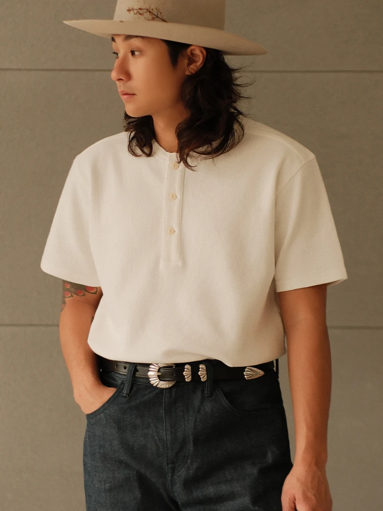 

Футболка из плотного хлопка в винтажном американском стиле с воротником-стойкой, четырехниточная швейная конструкция, шестиниточная обработка, MBBCAR, приталенный крой