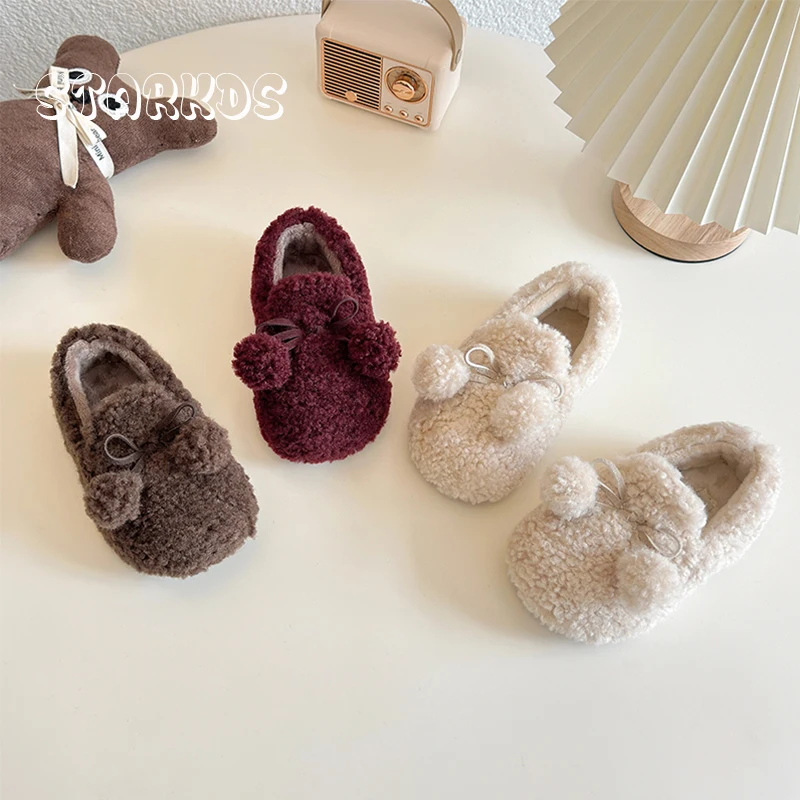 

Cute Ball Ornament Lambswool Loafers Baby Girl Winter Warm Teddy Fur Ballet Flat Toddler Kids Soft Bowknot Plush Shoes