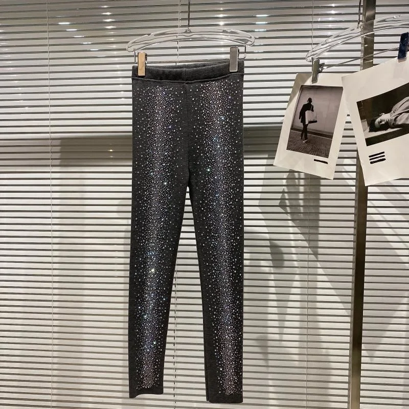 Mallas con degradado de diamantes de imitación para mujer, pantalones de lápiz delgados, elásticos, de terciopelo grueso, de cintura alta, color negro