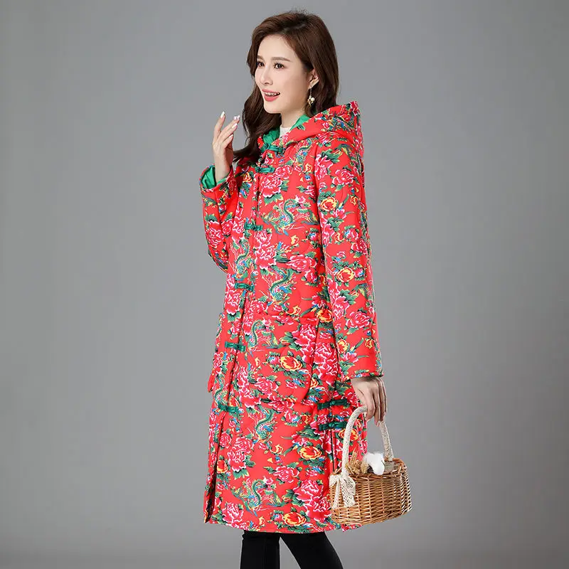 Winter Clothes Mother\'s Ethnic Style Big Flower Thickening Cotton Padded Jacket Large Size Loose Retro Fashion Quilted Coat T598