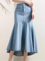 Vintage Light Blue Mermaid Skirts Women Zipper High Waist Denim Skirts Female 2023 New Chic Trumpet Skirts Ruffers Mujer Faldas