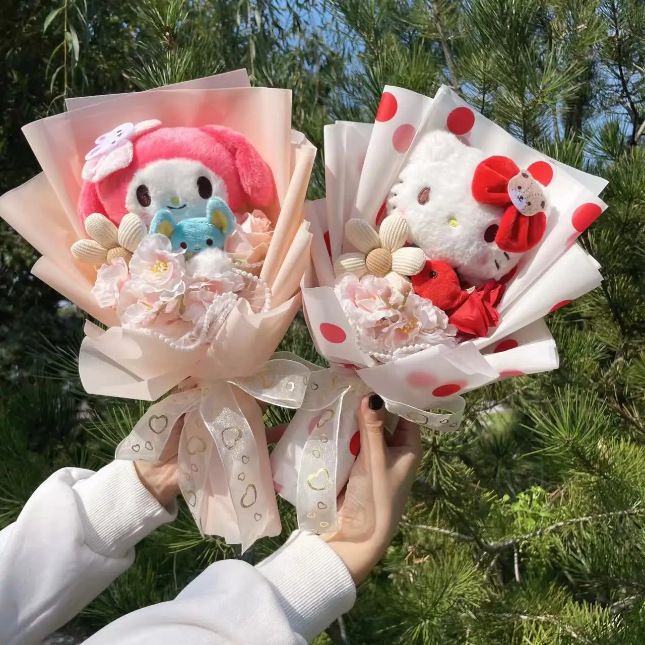 My Melody Kuromi Cinnamoroll Hello Kitty Plush Doll Toys Creative Handmade Sanrio Bouquet Valentine Christmas Graduation Gifts