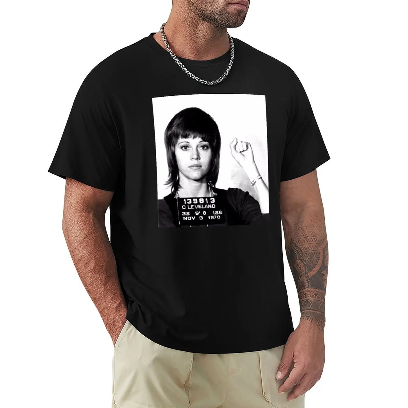 

Jane Fonda mug shot T-Shirt All Match Basic Short Sleeve Top