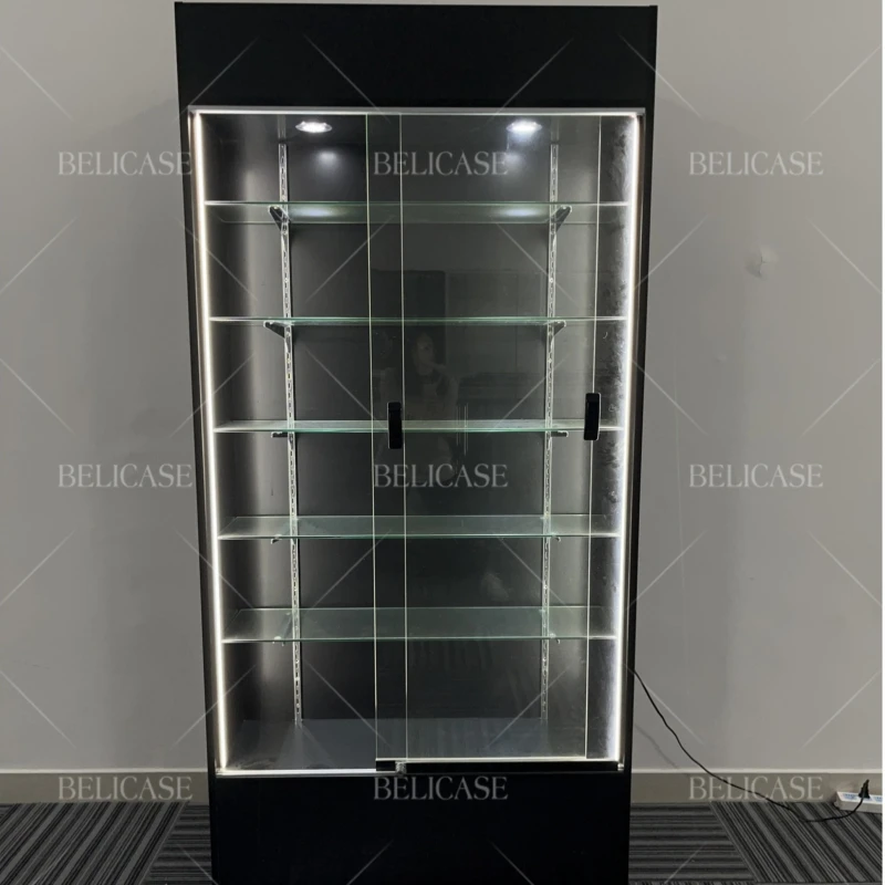 2025customized.Black Wood Glass Display Wall Cabinet Store Display Showcase with Durable Strip Lighting Display Shelves