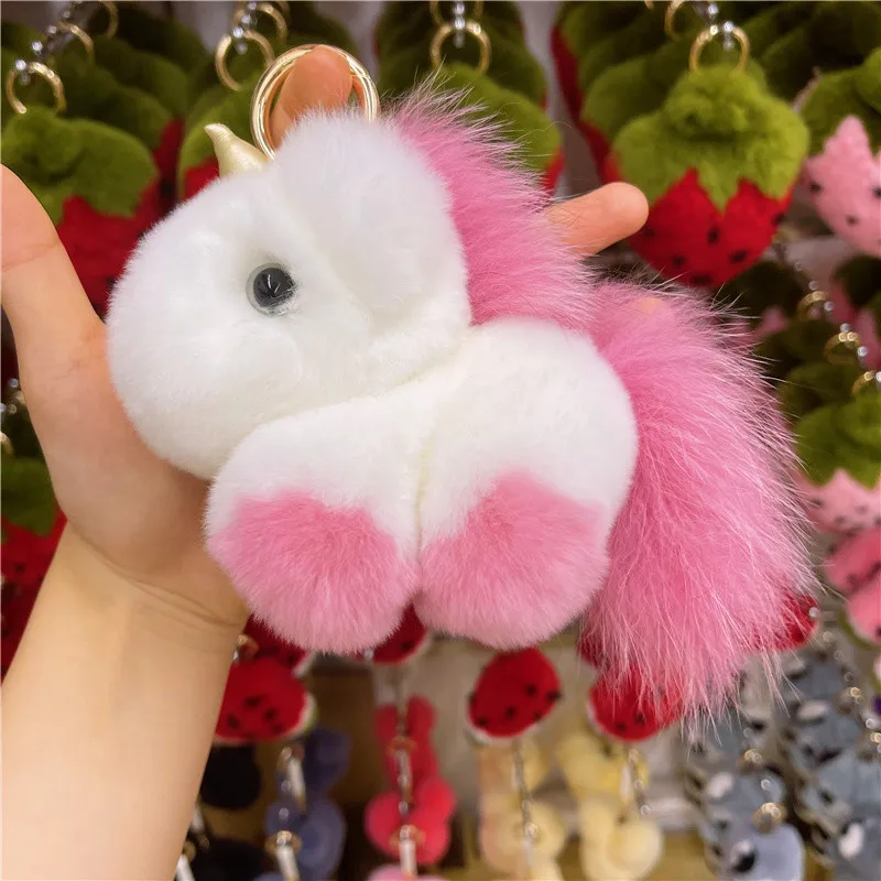 Korean Ins Cute Plush Pony Pendant Rex Rabbit Fur Unicorn Bag Pendant Key Chain Accessory Birthday Gift