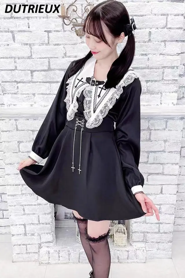 Harajuku Black Suspender Skirt Women Japanese Mine-Style Cross Chain Suspender Skirt Fashion All-Match High Waist Student Skirts