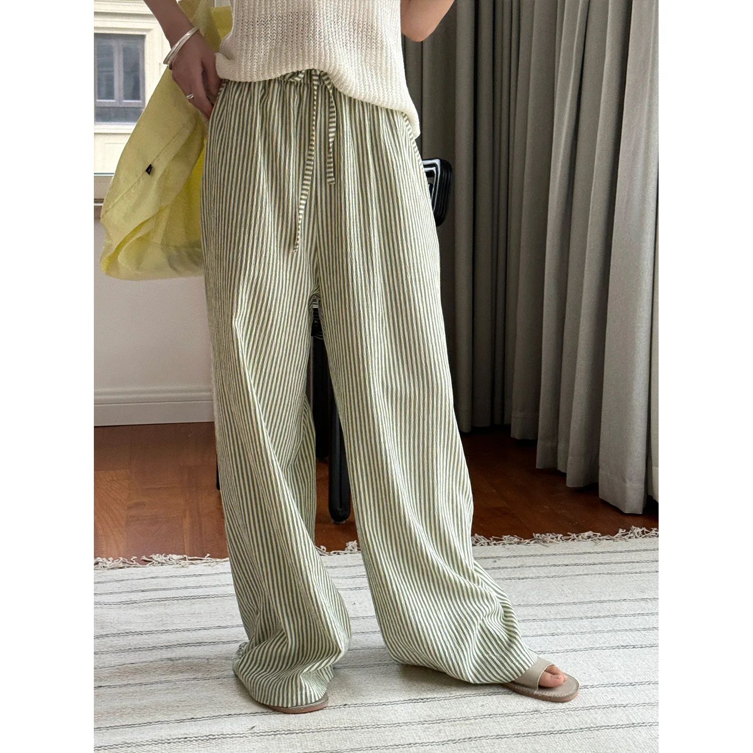 

Summer new lazy striped ice silk wide-leg pants, loose and thin and comfortable trousers for women