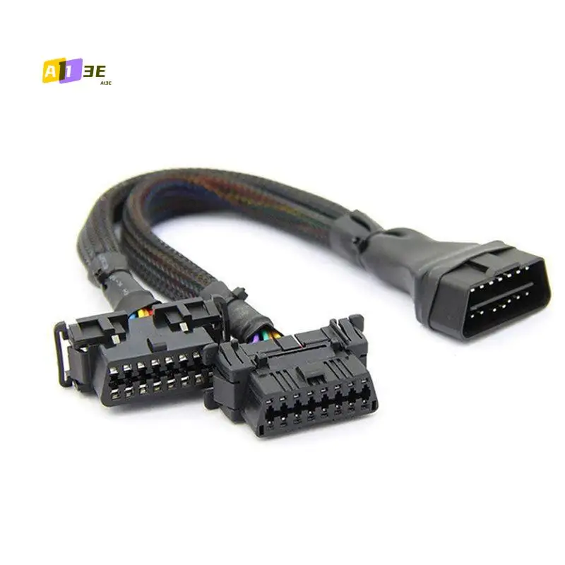 A03E-2PCS 2 In 1 OBD2 Extension Cable OBDII Male To 2 Female Splitter Car Computer Connection Conversion Plug Socket 30CM Replac