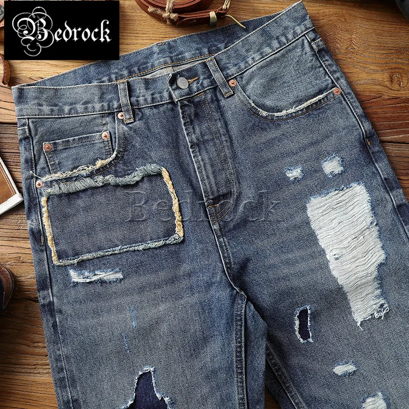 MBBCAR Ripped Jeans For Men High Quality Hip Hop Blue Hole Slim Fit Selvedge Straight Denim Pants Man 14.4oz High Street Patch